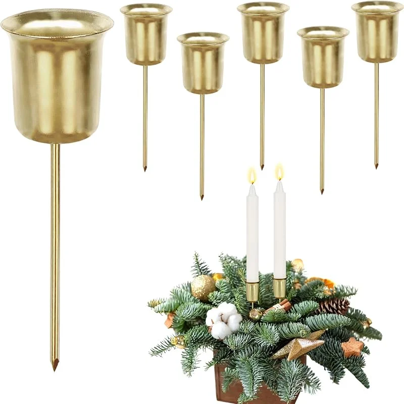 PAPU Juego de candelabros para Corona de Adviento: 6 candelabros metálicos con Forma de Flor, Espiga Corta, Corona navideña, Velas largas, Platos para Velas, decoración navideña (Dorado) — Adviento y mesa