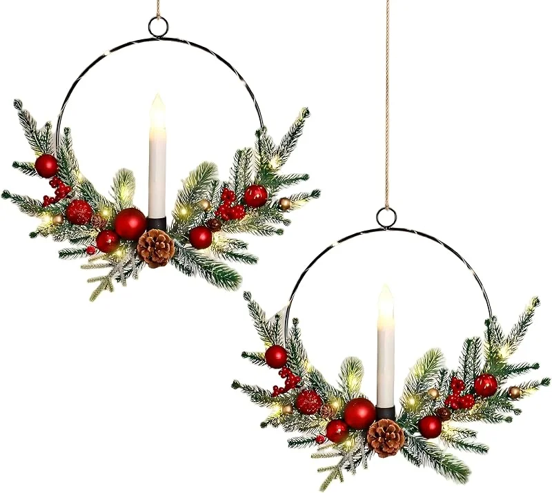 Visita la tienda de TECKZOON Juego de 2 coronas de Navidad con luces LED de 40 cm, corona de Adviento preiluminada con piñas, corona de puerta de Navidad, corona de invierno, decoración para puerta de casa, porche — Decoracion Navidad