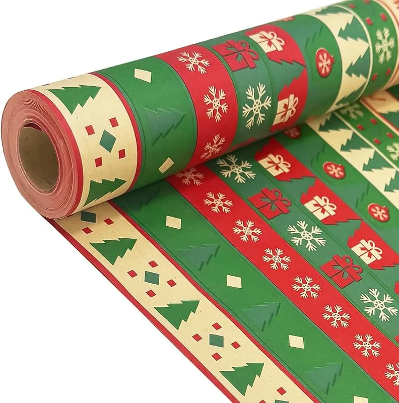 DOJoykey Rollo de papel para envolver regalos para Navidad: papel de regalo Kraft con patrón festivo rojo y verde de 43 cm x 15 m, papel navideño para envolver regalos — Envoltorio regalo