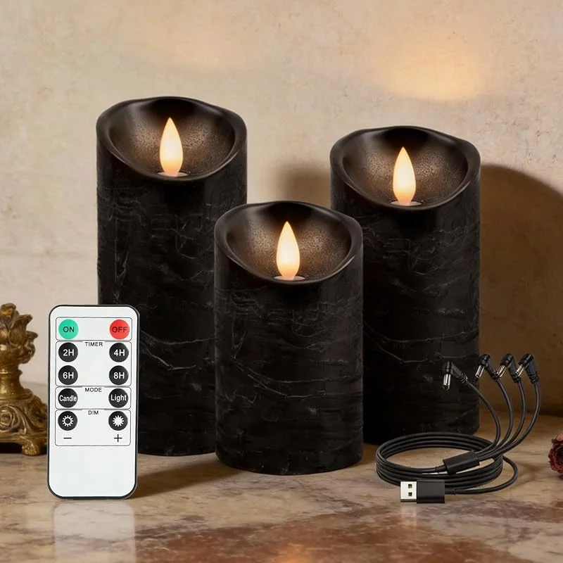 RanBluu Paquete de 3 Velas LED con mando a distancia y temporizador, vela led efecto llama Recargables USB, flameless candles electricas, para decoracion navidad hogar, camping, Negro — Cena a la luz de velas