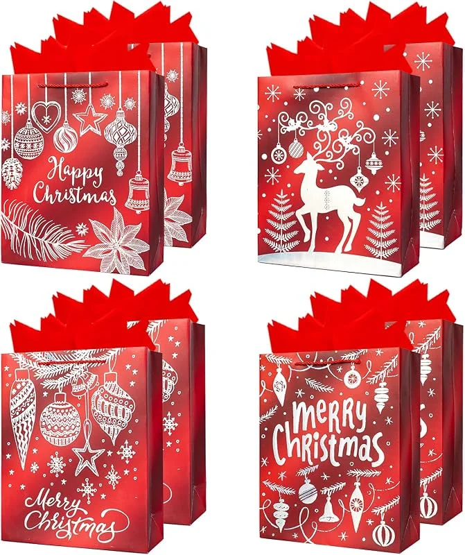 Dimetey Paquete de 8 bolsas de regalo de papel de Navidad, bolsas de regalo de gran tamaño con asa y papel de seda para envolver regalos de Navidad (rojo) — Envoltorio regalo