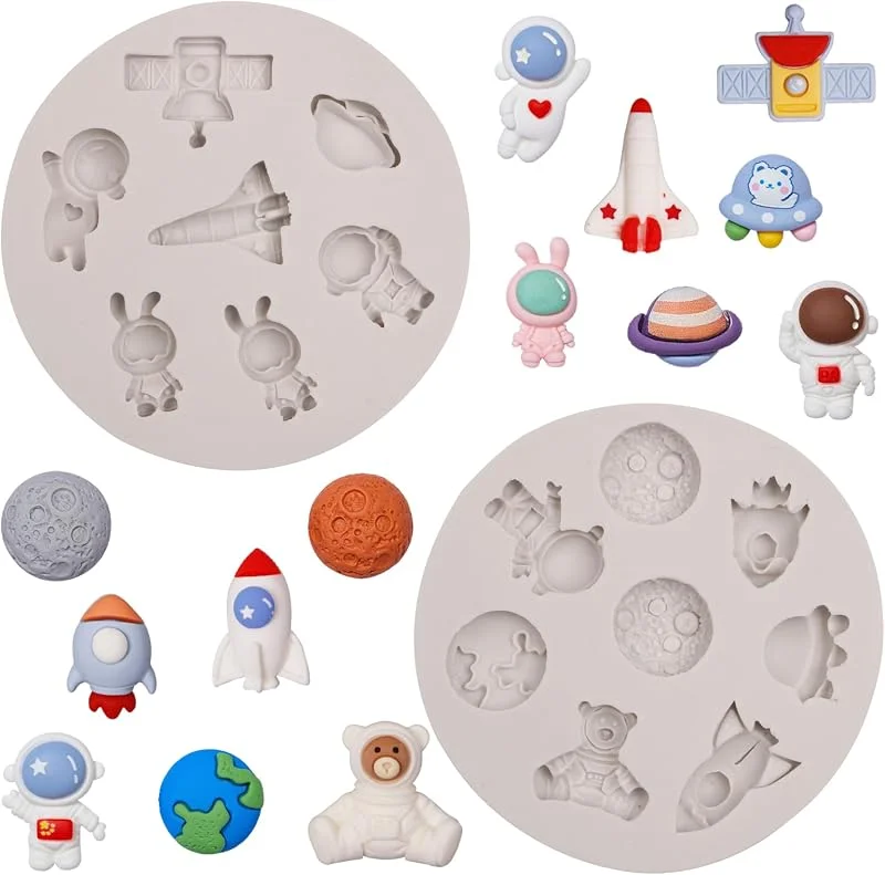 Visita la tienda de Bexal Molde de silicona para fondants de astronauta, planeta de cohetes, moldes de chocolate con motivos espaciales para decorar tartas, cumpleaños de bebé, cupcakes, dulces, arcilla polimérica, goma de — Hogar y cocina
