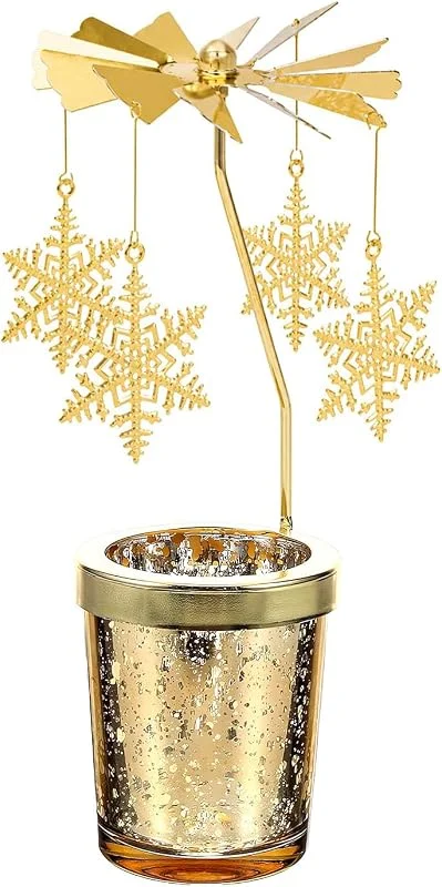 Jsleid Vela de Carrusel, Candelabro Giratorio(Sin Velas), Soporte de Luz Giratoria de Vela, Rotation Dépendante de la Chaleur, Sans Batterie, para Navidad, Decoración Interior, Regalos (Nieve) — Cena a la luz de velas