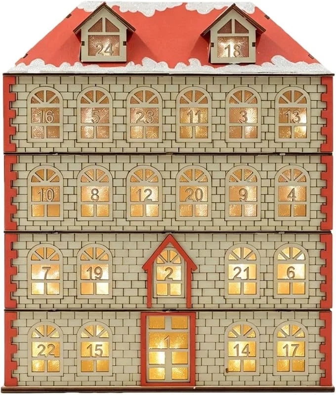 Ungtyb Calendario de Adviento de Madera casa de madera con LED y 24 cajones — Decoracion Navidad