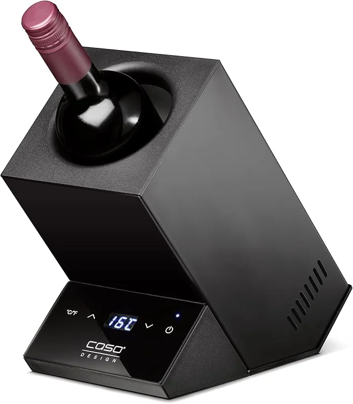Visita la tienda de Caso CASO WineCase One Black - Enfriador de vino para una botella, rango de temperatura de 5 – 18 °C, para botellas de hasta 9 cm de diámetro, control táctil, carcasa de acero inoxidable, negro — Vino y mesa festiva