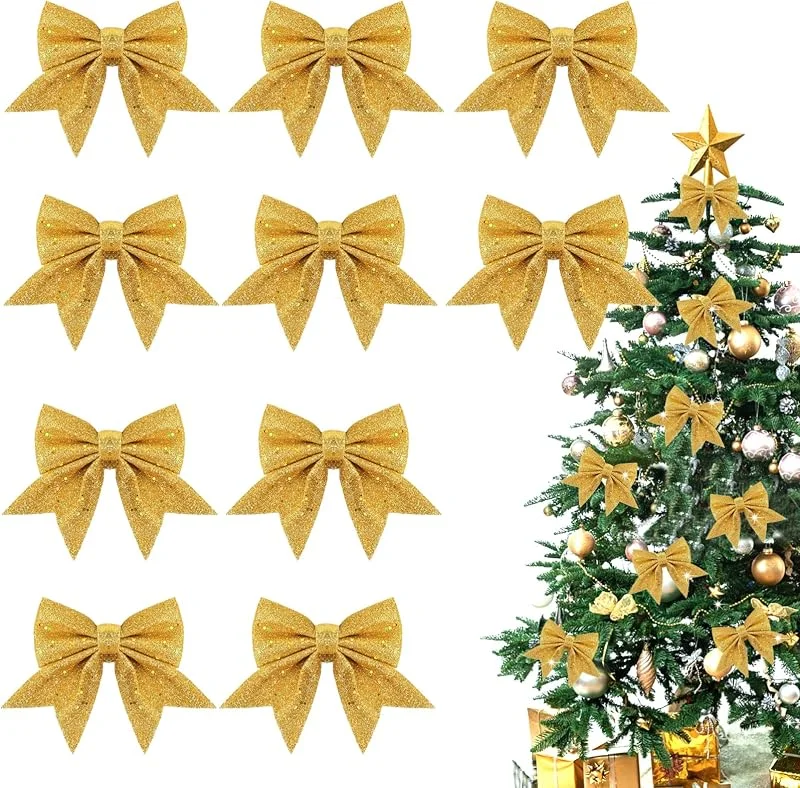 QIZHIQIAMY Lazo Navidad Decoración, 10 PCS Lazos Regalo Navidad, Lazos para Árbol de Navidads, Arcos de Cinta de Navidads, Adornos de Arco de Navidade, Adornos Navideños para Casas, Jardines (Oro) — Envoltorio regalo