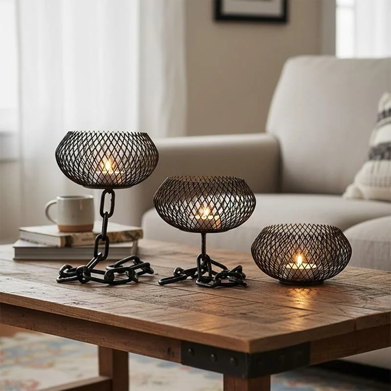 Visita la tienda de Lxoraziy Set de 3 Portavelas de Hierro Vintage, Portavelas de Metal en Malla con Base de Cadena, Decoración Industrial para Mesa y Salón — Cena a la luz de velas