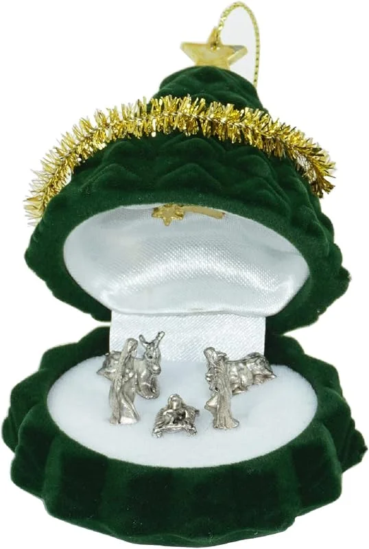 lazzaro italy Mini Pesebre en forma de árbol de Navidad aterciopelado y Belén bañado en plata. Original belén en miniatura de colección Sagrada Familia, Buey y Burro. Idea de regalo. 7 x 6 cm — Decoracion Navidad