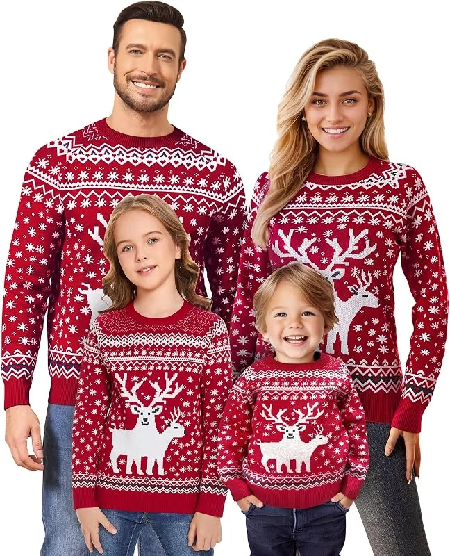 Namatime Jersey navideño Divertido para Mujer, Hombre, niños, suéter de Navidad, Cuello Redondo, suéter de Punto con Reno Puro, Unisex, Conjunto de Navidad, para Hombre Rojo., L — Ropa Navidad