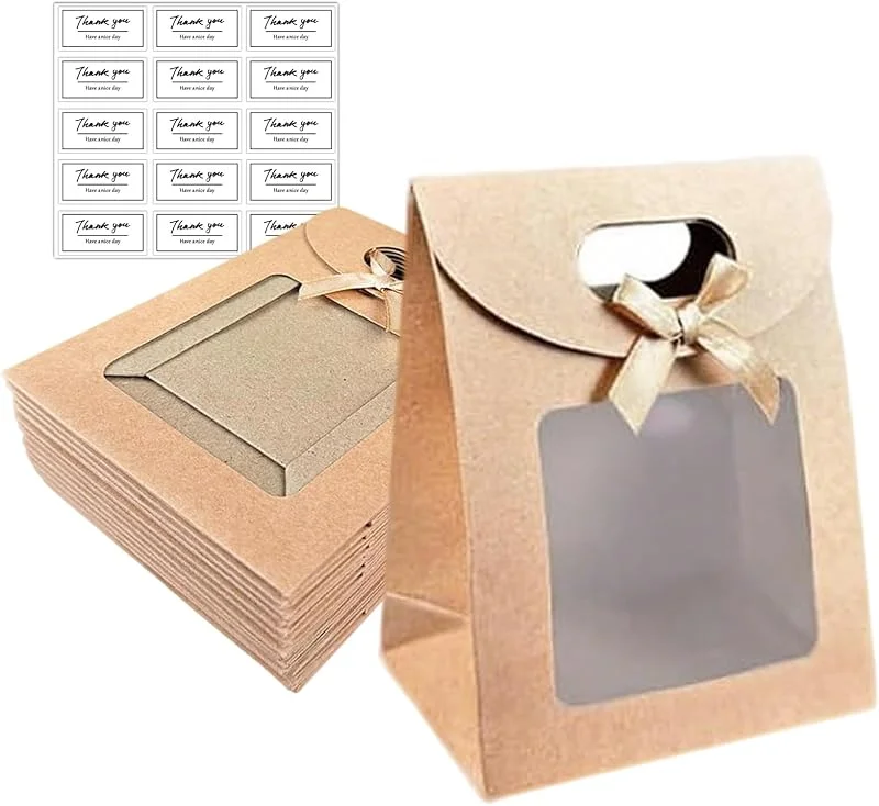 GUOYOU 15 Piezas Bolsas De Papel con Asas, Bolsas de Papel para Regalos, Sacchetto Regalo con Finestra Trasparenti para Dulces, Galletas, Embalaje, Boda, Fiesta de Navidad, Tienda Al por Menor（Marrón） — Envoltorio regalo