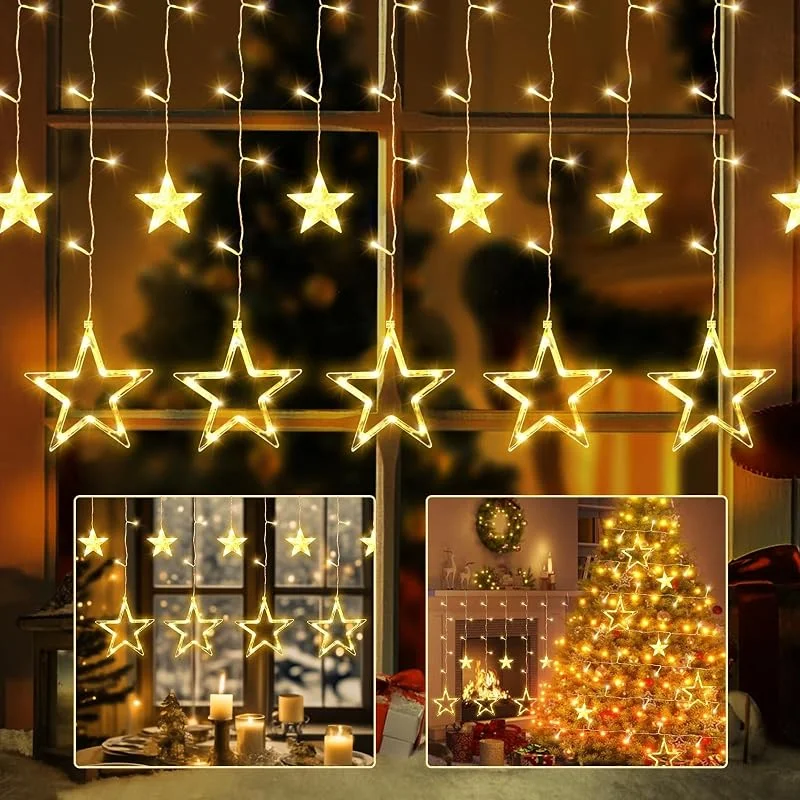 Visita la tienda de Bigzom Bigzom luces de hadas cortina de estrellas, 138 LED 2.4×1m Luces de Navidad para ventanas de interior con 8 modos de luz, 12 estrellas luces de navidad ventana decoración — Decoracion Navidad