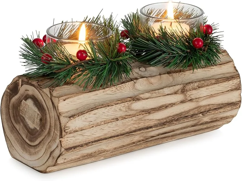Romadedi Portavelas para decoración de centro de mesa de Navidad, portavelas de madera con mini coronas, tronco de Navidad, mesa de café, mesa de café, rústico, casa de campo, decoración del hogar — Cena a la luz de velas
