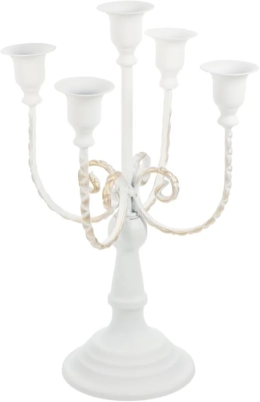 PRETYZOOM Candelabro Iluminación Romántica Estilo Europeo de 5 Brazos de Hierro y Diseño Delicado Blanco para Decoración de Mesa en Hoteles y Festivales — Cena a la luz de velas