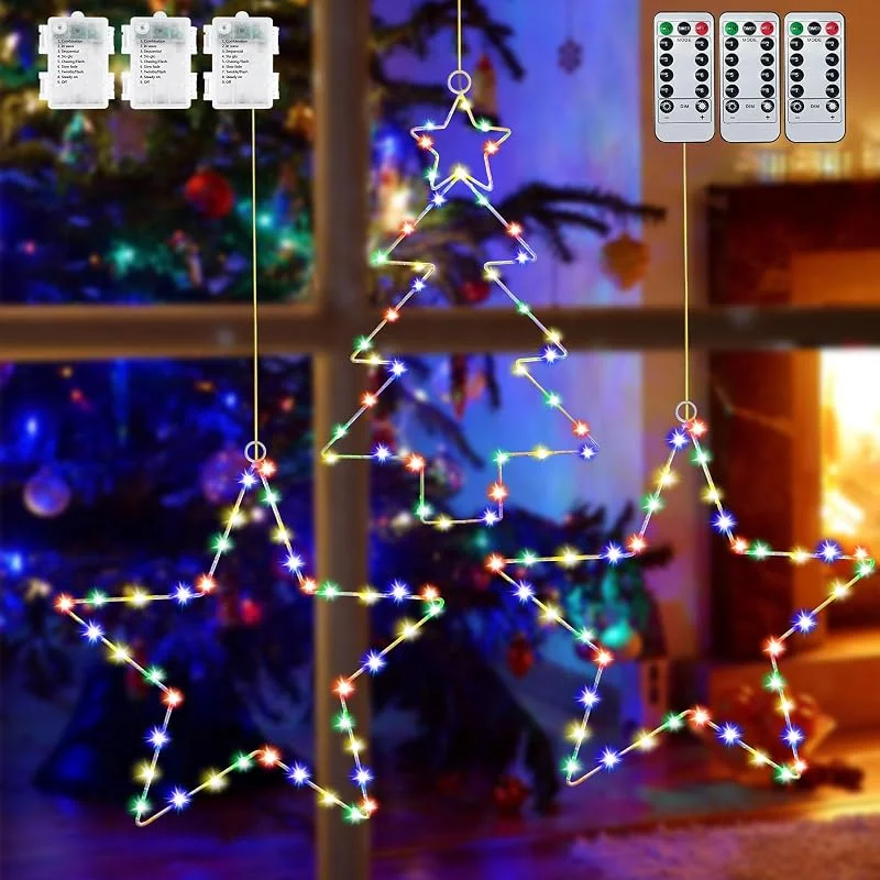 Ulikey Luces de Navidad para Ventana, 3 Piezas 40 LEDs Cortina de Luces con Estrellas, 8 Modos Navidad Decoración Luces con Temporizador, para Exterior Jardín Árbol Navidad Decoración (Luz de Color) — Decoracion Navidad