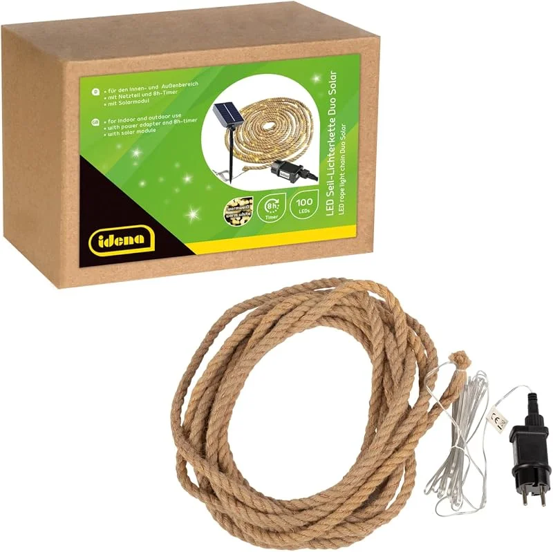 Visita la tienda de Idena Idena 30520 - Cuerda de luces LED con 100 LED en blanco cálido, para exterior e interior, aprox. 9 m de largo, con adaptador solar o de red, temporizador de 8 horas, decoración para casa y jardín — Luces Navidad