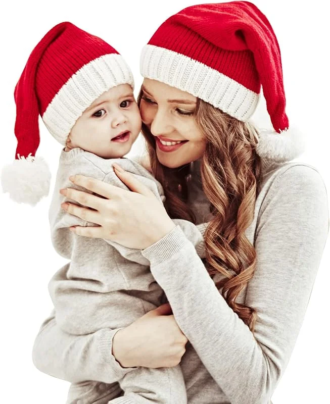 Yanmucy 2 uds Sombreros de Navidad para padres e hijos, gorro de invierno cálido tejido a juego para la familia, gorro rojo suave y acogedor de Santa para adultos Unisex recién nacidos — Ropa Navidad