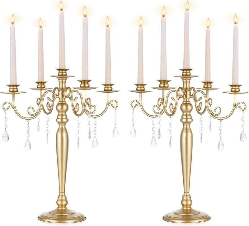 Visita la tienda de Sziqiqi Sziqiqi Candelabros Dorados, 5 Brazos, con Colgantes de Cristal, Lote de 2 — Cena a la luz de velas