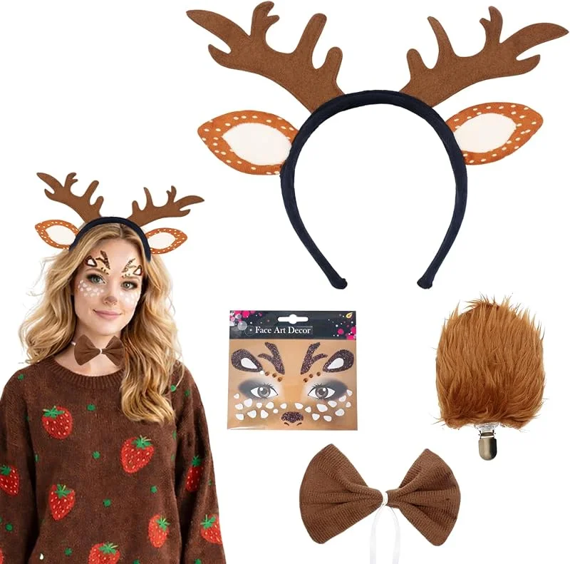 Tbintul 4 Piezas Diadema Reno Carnaval, Ciervo Traje Tocado Diadema, Reno Cuernos, Ciervo Cuernos Disfraz de Animal para Carnaval Disfraz Fiesta Temática Cosplay — Ropa Navidad