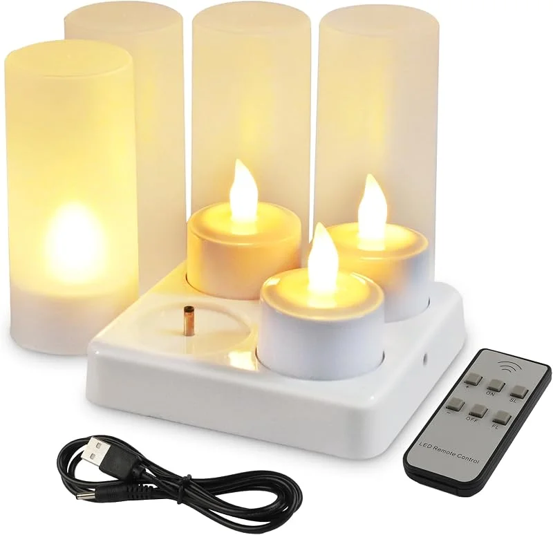 EuroFone Recargable LED Velas Tealight Vela parpadeante sin llama con el titular de la estación de carga (4pcs) (Yellow) — Cena a la luz de velas