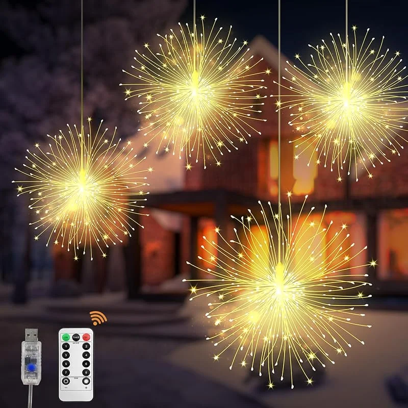 CNMTCCO Luces navideñas, paquete de 4 luces colgantes USB con efecto de fuegos artificiales, 480 piezas LED 8 modos, ladecuadas para la decoración navideña exterior — Luces Navidad