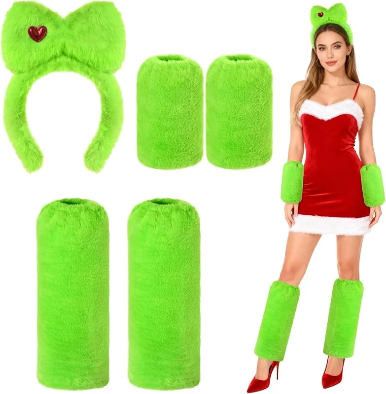 Beipegin 3 PCS Disfraz Navideño de Monstruo Verde, Verdes Peludos Calentadores Piernas Guantes Diademas Navideñas con Lazo, Accesorios Disfraz Navidad Mujer para Disfraces Navideños Navidad Fiestas Cosplay — Ropa Navidad