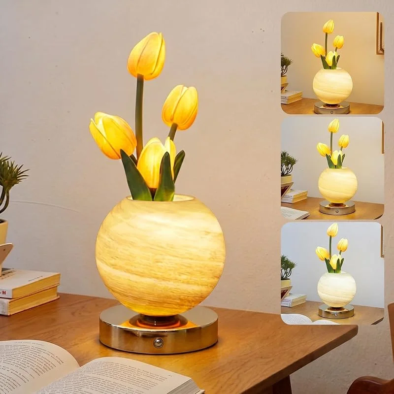 CECOMBINE Lámpara de mesa de flores de tulipán, lámpara de flores de cristal de tulipán con control táctil, atenuación infinita de 3 colores, lámpara de mesa recargable por USB para decoración de sala de estar — Cena a la luz de velas
