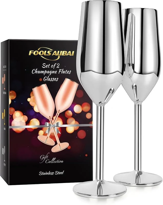 FOOLS ALIBAI Paquete de 2 Copas de Champán de Acero Inoxidable Irrompibles - 8 Onzas, Elegantes Con Tallo Para Novia y Novio (Plateado) — Vino y mesa festiva