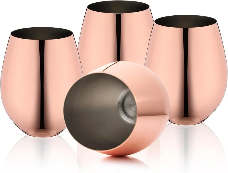 Visita la tienda de WOTOR WOTOR Juego de 4 copas de vino de oro rosa, 532 ml, copas de vino de cobre de acero inoxidable sin tallo, irrompibles, ideales para exteriores, viajes y camping — Vino y mesa festiva