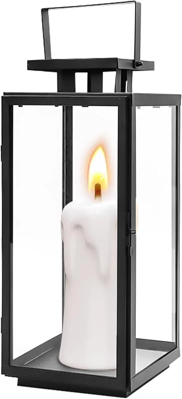 Leikurvo Farolillo negro, 21 cm, farolillos de metal para decoración de velas, farolillos de metal decorativo, velas de cementerio, resistentes a la intemperie, para paredes exteriores, salones, mesas, bares — Cena a la luz de velas