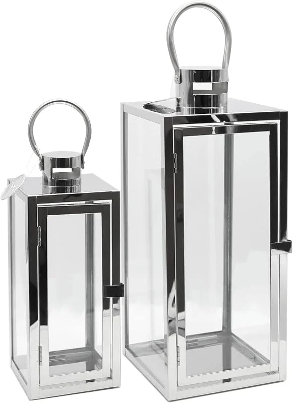 Dekovita 30cm+42cm Farol de Acero - Linterna de Jardín con Ventana de Cristal y Asa - Farol de Metal Deco Vela Lámpara — Cena a la luz de velas