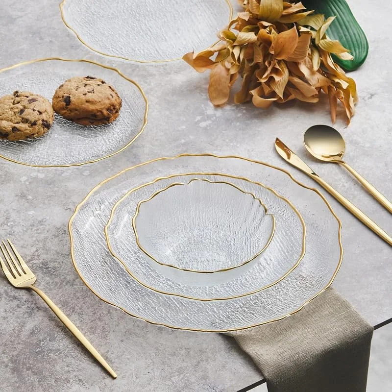 Karaca Milanda - Juego de vajilla de cristal con plato llano, platos laterales y cuencos para cereales y sopa, juego de platos y cuencos para 4 personas, juego de vajilla de 12 piezas (dorado — Adviento y mesa