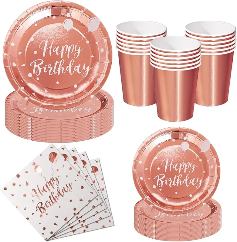 Nkaiso Platos y Vasos para Cumpleaños, 50 Piezas Rosa oro Platos Carton Desechables Set, 10x 23cm & 10 x 18cm Platos Fiesta, 10 Vasos, 20 Servilletas - Para decoración de cumpleaños -10 Invitados — Adviento y mesa