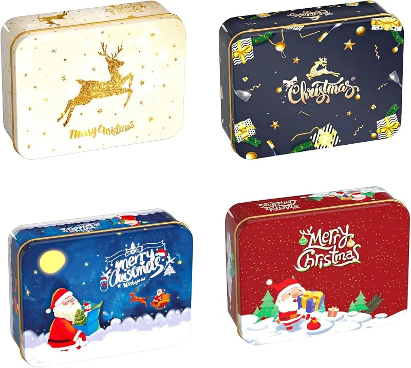 Onlvmyur 4 Piezas Caja Regalo Navidad Metalica para Caramelos y Galletas - Lata Hojalata Creativa Vacía para Embalaje de Regalos para Niños, Familiares y Amigos — Envoltorio regalo