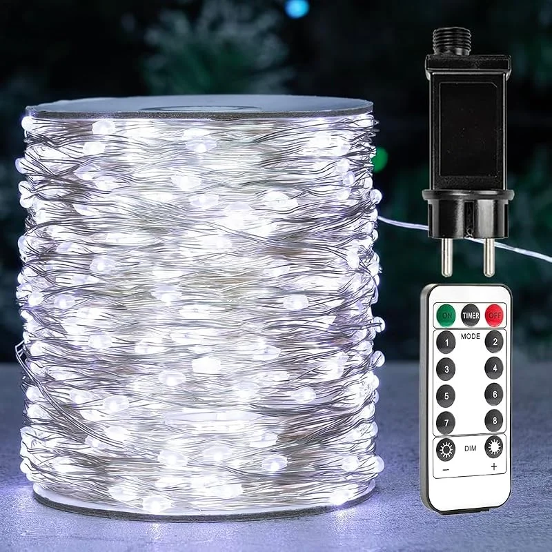 Visita la tienda de ZELUXDOT Luces de hadas blancas frías de 60m de largo, luces LED de cadena con alambre plateado, 600 LED, 8 modos para bodas, interiores, exteriores, árbol de Navidad, porche, decoración de jardín. — Luces Navidad