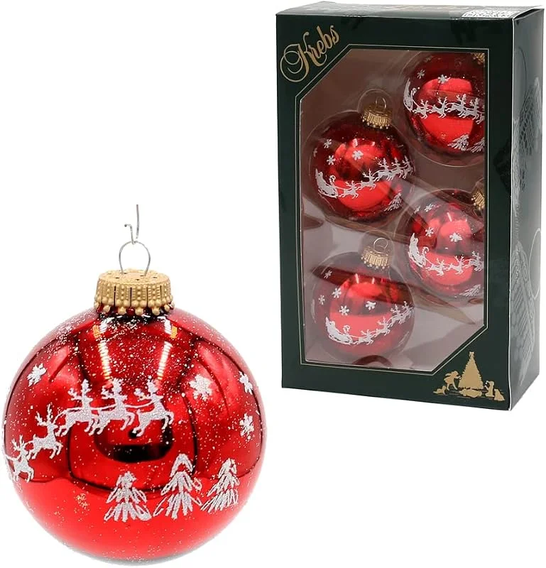 Dekohelden24 Lauschaer Juego de 4 Bolas de Navidad en Rojo Brillante, Decoradas a Mano con Purpurina, decoración de Trineo de Renos, con Corona Dorada, diámetro Aprox. 7 cm — Decoracion Navidad