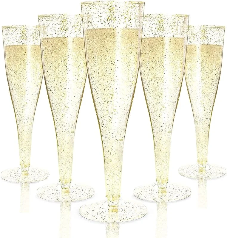 LATERN 54 Piezas Copas de Champán de Plástico, 150ml Brillo Dorado Copas de Champán Copas de Vino de Fiesta con Tallo Reutilizables para Fiestas de Aniversario Bodas Jardín — Vino y mesa festiva