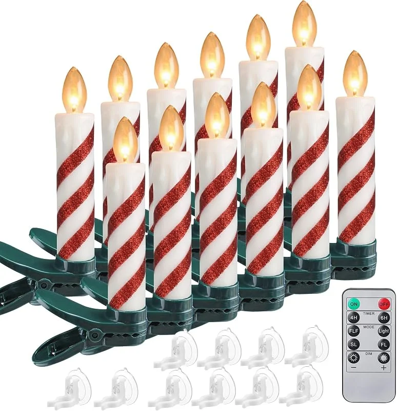 Kittmip 37 velas de clip para árbol de Navidad con control remoto y temporizador, velas cónicas LED sin llama con clips, ventosas, decoraciones de Navidad rojas y blancas para decoración de fiestas de Navidad — Luces Navidad