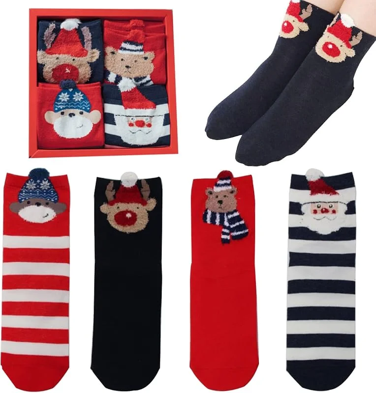 KOIROI 4 pares de calcetines de Navidad, calcetines de Navidad, calcetines para hombre y mujer, calcetines de Navidad, calcetines cálidos de algodón de Navidad, coloridos calcetines divertidos — Decoracion Navidad
