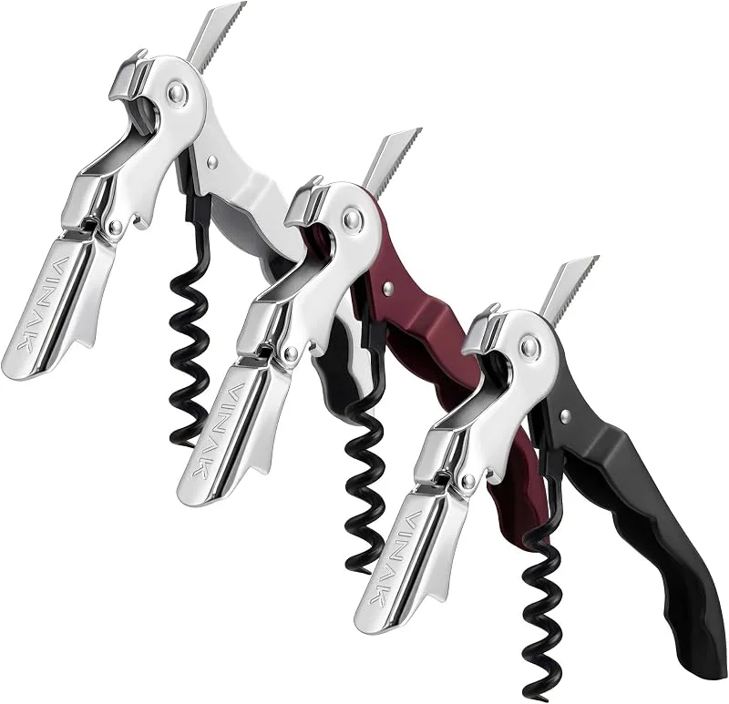 Visita la tienda de VINAK VINAK Pack de 3 sacacorchos camarero profesionales ECO en acero inoxidable con abrebotellas, doble apoyo articulado, navaja cortacápsulas y espiral teflonada. (Pack 3 unidades) (SEC01XX) — Vino y mesa festiva