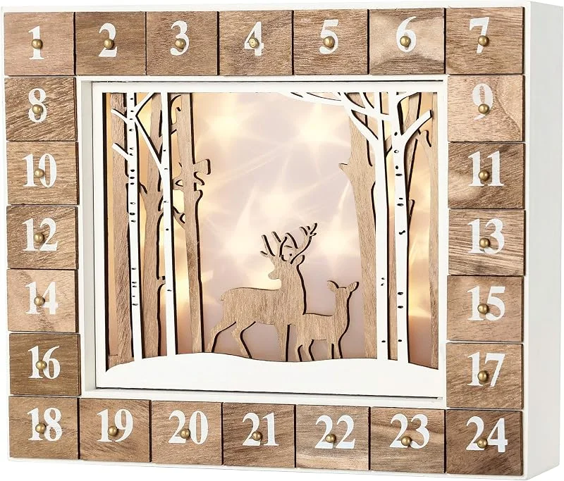 Visita la tienda de BRUBAKER BRUBAKER Calendario de Adviento de Madera Reutilizable para Rellenar - Paisaje de Invierno Blanco con iluminación LED - Calendario de Navidad DIY 35.5 x 6 x 27 cm — Adviento y mesa