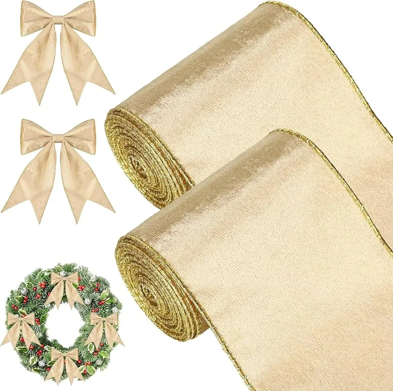 KAHEIGN 2 Rollos Cintas de Terciopelo Navideña, 11m x 10cm Ancho Cinta de Terciopelo de Envolver Resistente al Agua con Borde Dorado para Navidad Regalos Envolver Árbol Corona Lazo Decoración (Dorado) — Envoltorio regalo