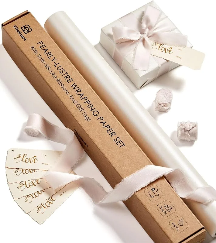 Visita la tienda de Vitalizart Vitalizart Papel Regalo Blanco y Cintas Nude Claro 43cm x 5m — Envoltorio regalo