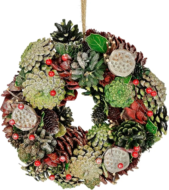 Flair Flower Corona Natural con Conos auténticos, Perlas de Loto, Bayas, decoración de Pared, decoración de Puerta, Corona de Mesa, decoración de Adviento, decoración de Navidad, Coronas de Materiales Naturales — Decoracion Navidad