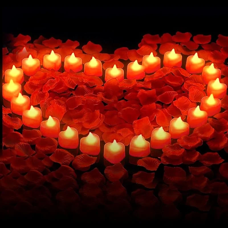GOMETY 24 velas LED de corazón, 1000 pétalos falsos de rosa artificiales, 24 velas LED sin llama de corazón para bodas y San Valentín — Cena a la luz de velas