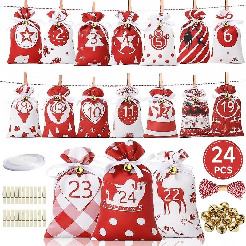 YTJHOME Calendarios Adviento para Rellenar Vacio Tela 2025 Hermosas y Exquisitas Calendario Adviento Vacio 24 Sacos para Calendario de Adviento DIY con Campana y Clips de Cordel para Niños Hombre Mujer — Adviento y mesa