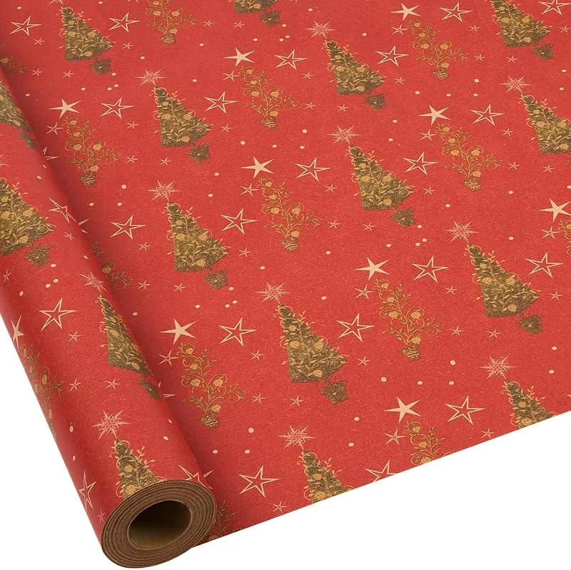 BESCMAX Papel de regalo kraft navideño: rollo de papel de regalo rojo reciclable con árbol de Navidad impreso para envolver regalos - 43 cm x 15 m — Envoltorio regalo