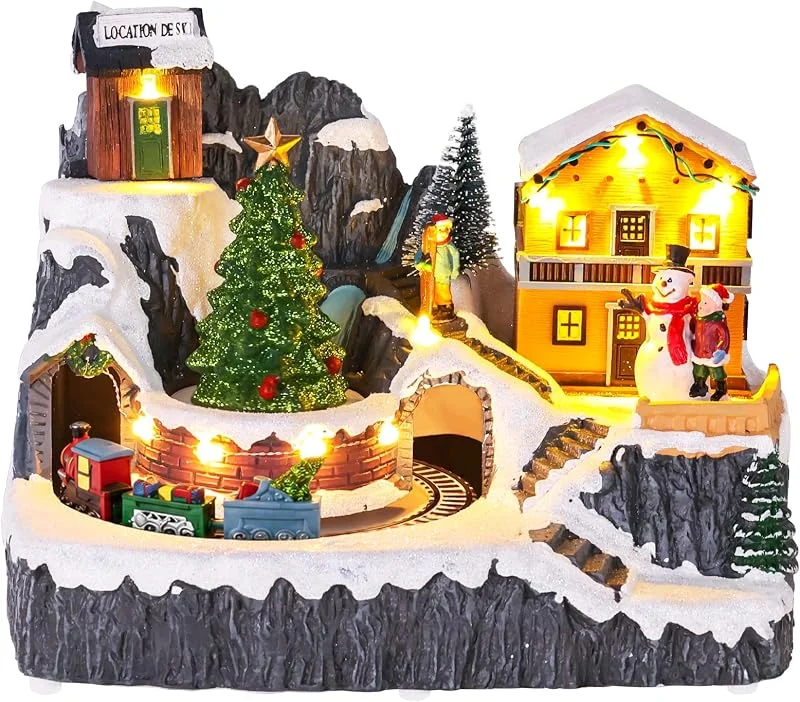 MEETYAMOR Pueblo de Navidad, juego de casas de pueblo de Navidad iluminadas con figuras de tren en movimiento y árboles, escena de ciudad de Navidad nevada de invierno para el hogar, mantel interior — Decoracion Navidad