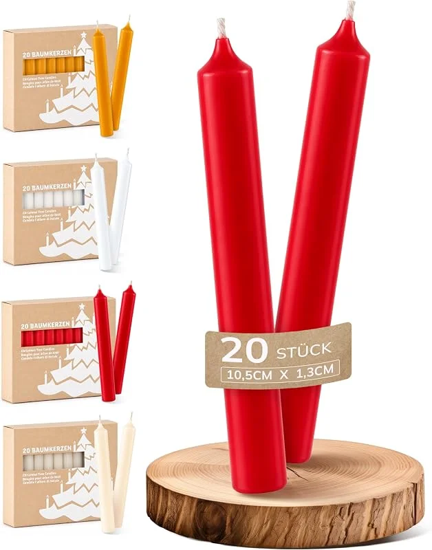 Kerzenfeld Velas para árbol de Navidad, color rojo, 20 unidades, fabricadas en Alemania, longitud 10, 5 cm, ancho 1, 3 cm, velas navideñas certificadas RAL, sin gotas ni hollín, perfectas velas piramidales — Cena a la luz de velas