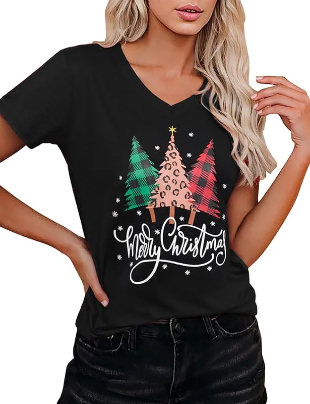 Visita la tienda de Crewhpo Camisetas Navidad Mujer Manga Corta Cuello en V Estampado Xmas — Ropa Navidad