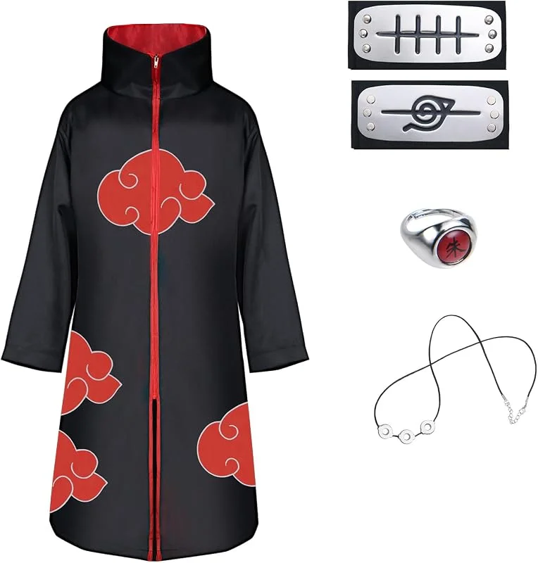 ACWOO Capa De Akatsuki Itachi, 5PCS Set Disfraz de Itachi Uchiha Cosplay, Abrigo Akatsuki con Diadema Accesorios Traje, Disfraz de Carnaval para adulto y niños, unisex, Halloween, Navidad, fiesta — Ropa Navidad